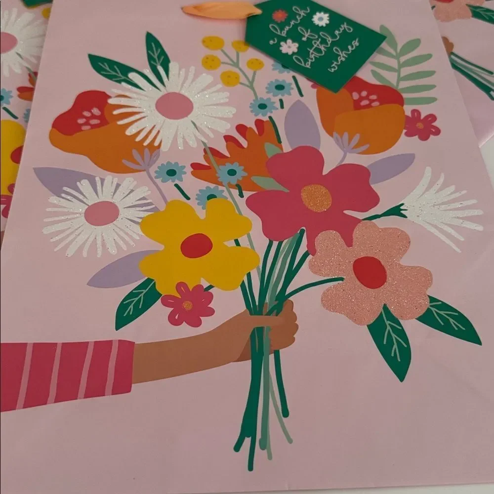 Spirit Pink Floral Gift Bags with Orange Handles  NWT